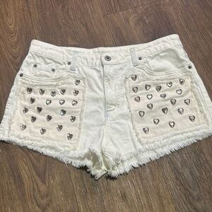 Carmar LF White Denim Heart-Embellished Rhinestone Studded Shorts